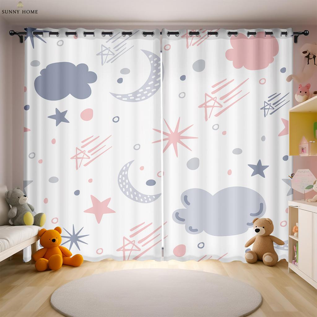 Cartoon Stars And Clouds Cute Printed Curtains For Girls' Room Window Decoration Curtains Easy To Wash And Care 2 Pieces