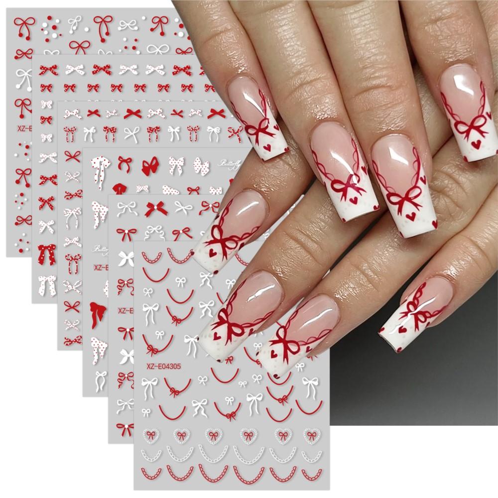 6pcs 3D Red White Bow Ribbon Nail Stickers Cute Polka Bowknot Dot French Lines Nail Decals 8*10cm Self-adhesive Bow Nail Decora