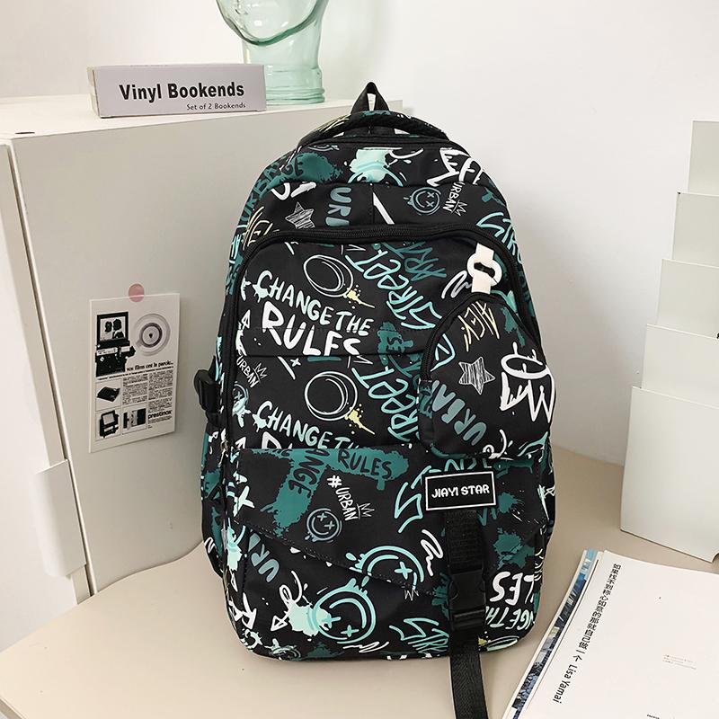 Graffiti-Print Herren Rucksack mit großem Fassungsvermögen Damen Leichter Schulrucksack aus Nylon für Studenten mit Münzbörse