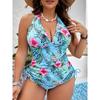 Set Tankini Mărimi Mari pentru Vacanță, Set 2 Piese Costum de Baie Damă Plus cu Top Halter cu Șireturi Laterale cu Imprimeu Tropical și Chiloți