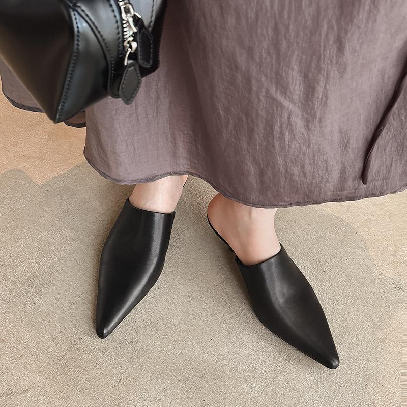 Fashion 2025 New Mueller Slippers Genuine Leather Women Shoes Sexy Pointed Toe Summer Shoes Ladies Snake Pattern Black White Party Shoes