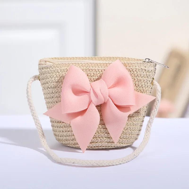Handmade Woven Crossbody Bag Mini Coin Purse Beach Handbags Cute Bow Straw Shoulder Bags Baby Girls Princess Kids Messenger Bags