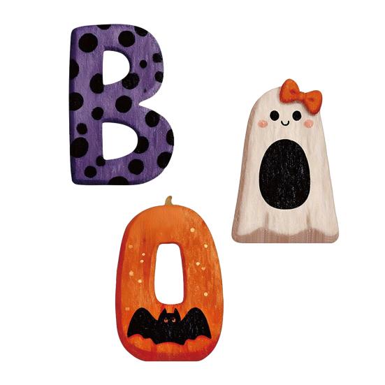 3Pcs/Set Wooden Halloween Statues, Letter Bat Pumpkin Ghost with Bowknot Deisgn, Halloween Desktop Ornaments, Holiday Party Decor & Scene Layout