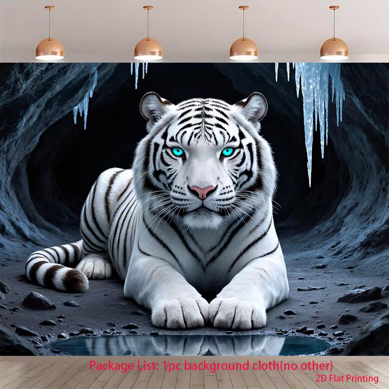 

2D Wildlife White Tiger Backdrop 2D Icy Cave Blue Eyes Photo Background for Themed Shoot 47.2x31.5inch/120*80cm