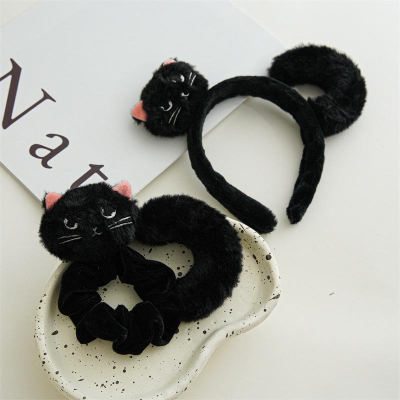 Black Cat Themed Hair Accessories Plush Halloween Styling Tools Cute Animal Ear Hair Ties Party Decorative Headwear