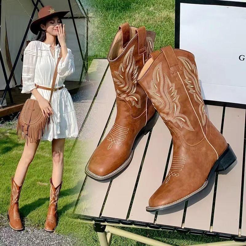 Knight Boots Long Boots Retro Heightening Cowboy Boots Women's 2025 Autumn New French Thick Heel High Tube Western Martin Boots