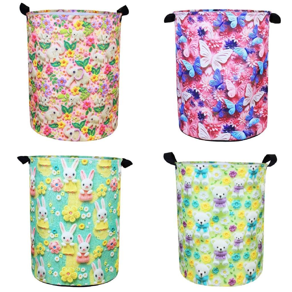Butterfly Elephant Rabbit Bear Flower 3d Print Cylinder Clothes Basket Storage