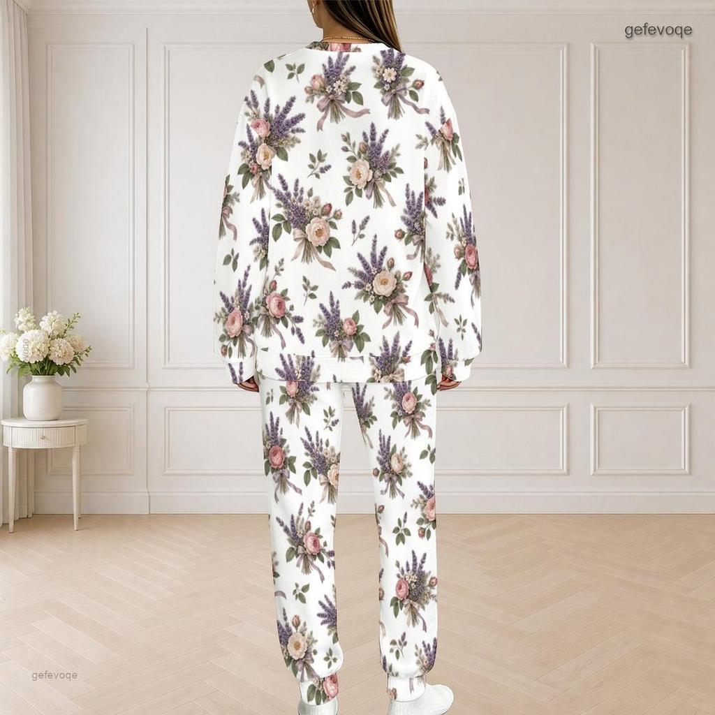 Women Plus Size White Floral Printed Round Neck Long Sleeve Top And Pants Set