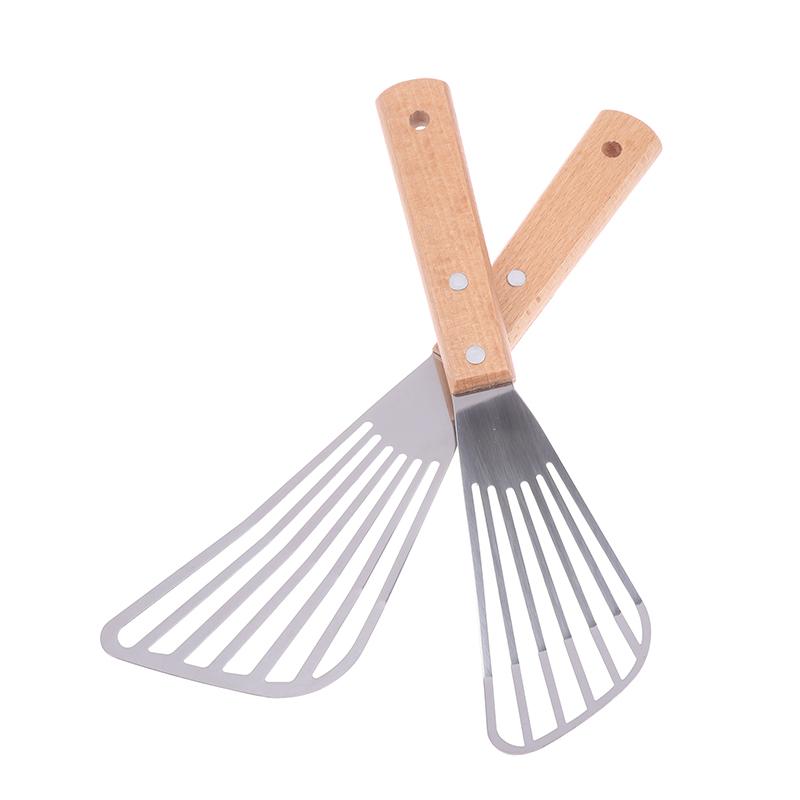 Stainless Steel Slotted Turner Fish Frying Shovel With Wooden Handle Fan-Shaped Shovel Household High-Temperature Frying Shovel