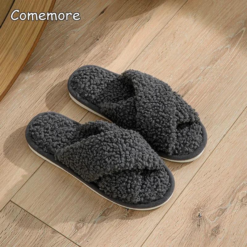 Fashion Fashion Cross Strap Fuzzy Slippers Women Indoor House Non Slip Warm Plush Woman Slippers Winter Comfort Soft Sole Cotton Slides