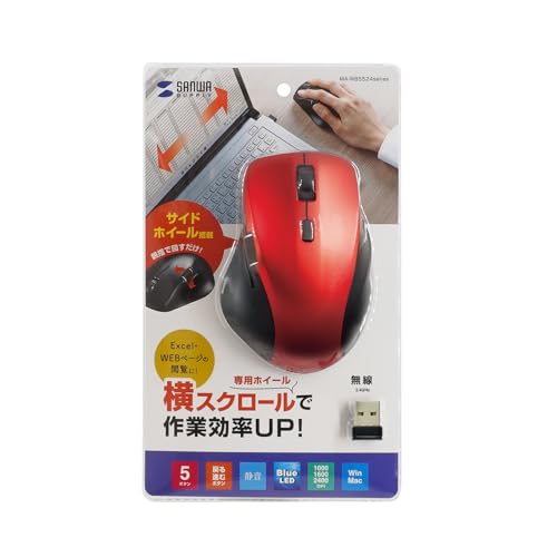 SANWA SUPPLY Silent Wireless Mouse (with Side Wheel, 5 Buttons, Red) MA-WBS524R