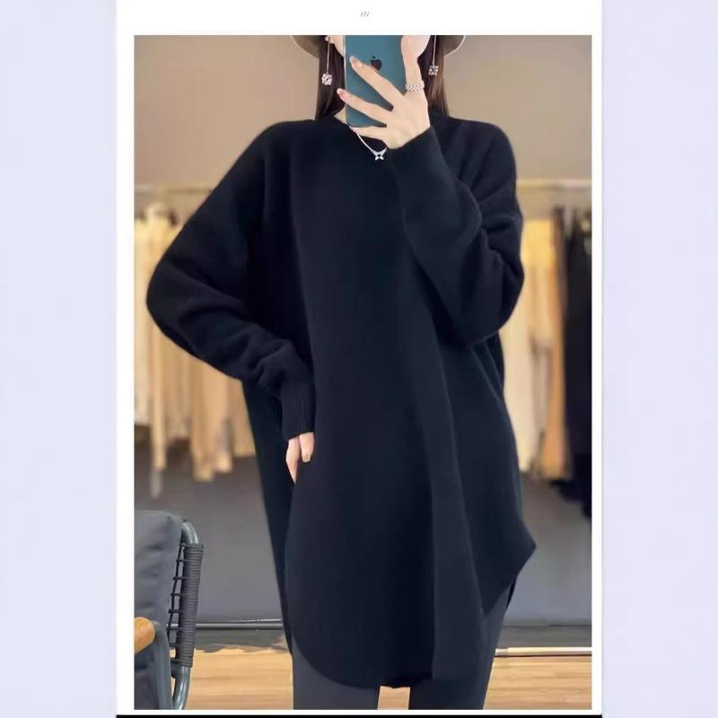 Autumn and winter new sweaters women's medium and long lazy wind round neck soft waxy skin-friendly knitted sweater loose top