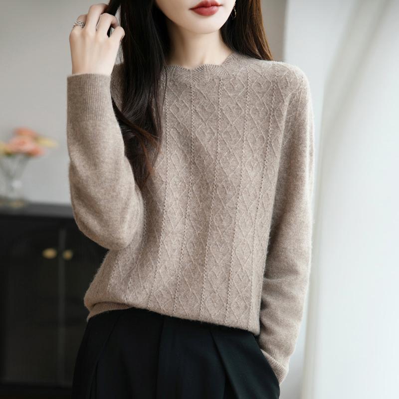 Nuevo Suéter de Punto de Cuello Redondo de Otoño e Invierno para Mujer Jersey Holgado de Manga Larga Capa Base Casual y Sencillo
