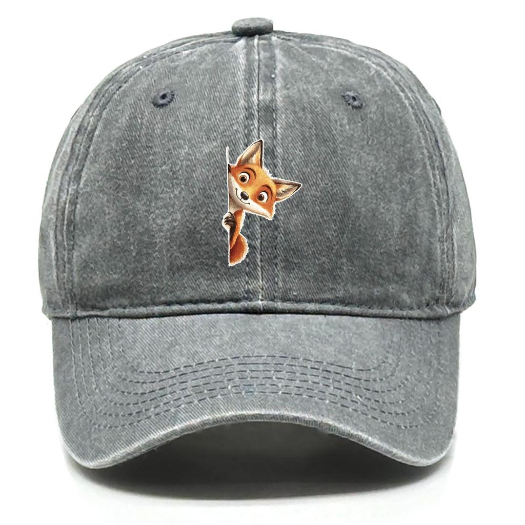Fox Peeping Print Snapback Sun Hat, Animal Flat Cap Vintage-Inspired Sun Protective Leisure Washed Adjustable Baseball Cap