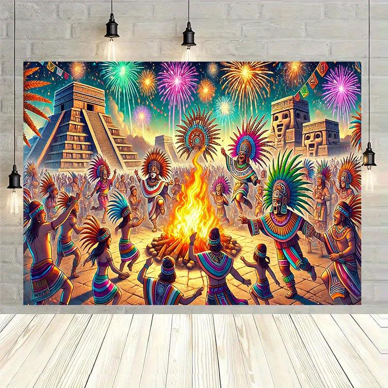 Mexican Aztec festival background wall hanging fabric studio decoration fabric multi-functional room banner decoration 100x150cm