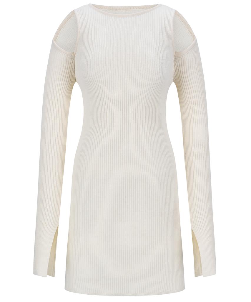 Tobaseu Slim Fit Shoulder Cutout Knit Dress (Ivory)