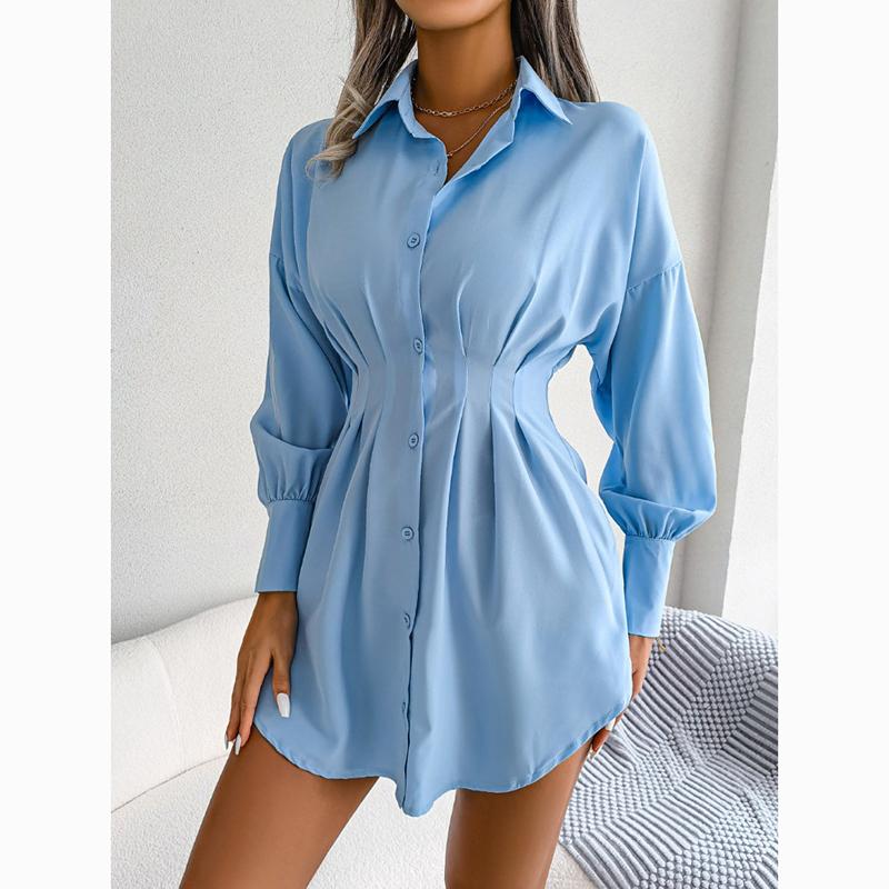 Vestido corto asimétrico liso con manga acampanada informal para mujer, vestido ajustado con cintura para mujer, vestidos de una sola botonadura, ropa femenina 24117