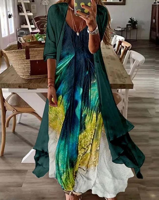 Women's Teal Lace Maxi Dress with Matching Cardigan for Casual Wear