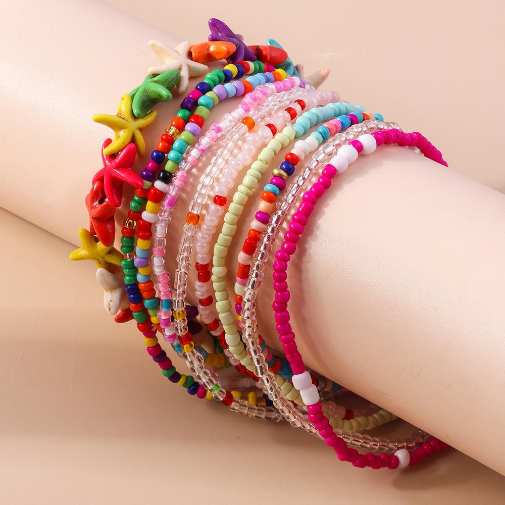 10Pcs Bohemian Handmade Colorful Beads Anklets for Women Girls Beaded Starfish Ankle Bracelet Summer Beach Jewelry Gifts