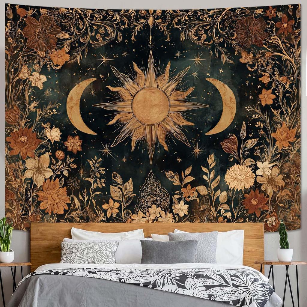 Vintage Celestial Sun & Moon Tapestry,Dark Floral Starry Wall Hanging for Bedroom,Living Room & Dorm Decor,Mystic Boho Aesthetic