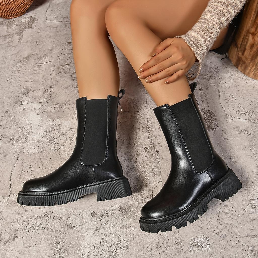 Moda 2025 Nowe Damskie Krótkie Botki Styl Brytyjski Jesień/Zima Ocieplane Futrem Gruba Podeszwa Wąski Krój Cigarette Czarne Botki Chelsea