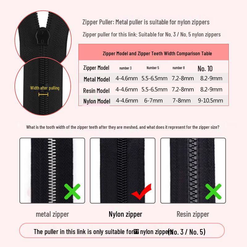 Nylon & Metal Zipper Pull for Jackets and Bags (No. 3 & No. 5)