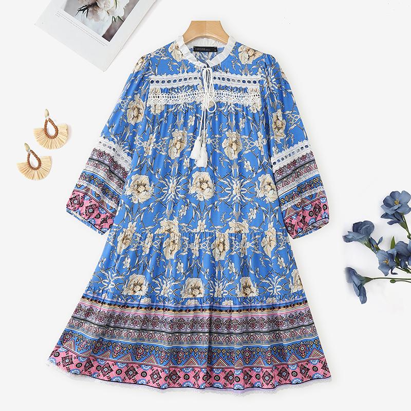 

ZANZEA Женское повседневное платье с круглым вырезом и рукавом 3/4, свободного кроя, с принтом 5XL синий