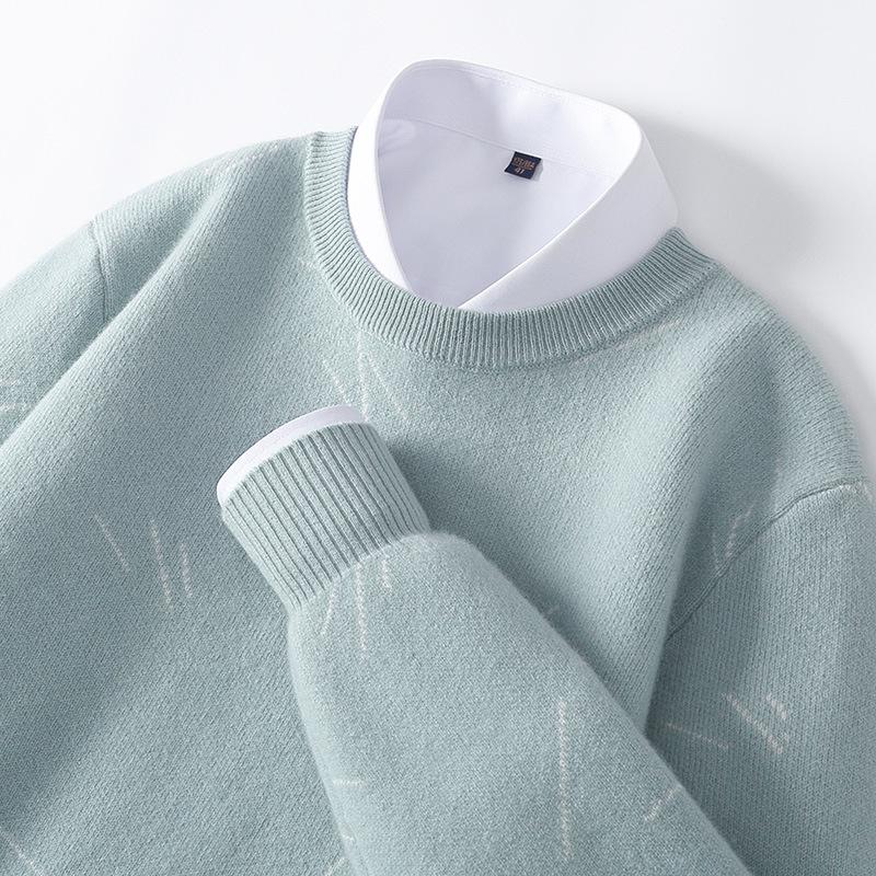 

Мужской утолщенный свитер из чистой шерсти с круглым вырезом - Модный вязаный верх свободного кроя XL