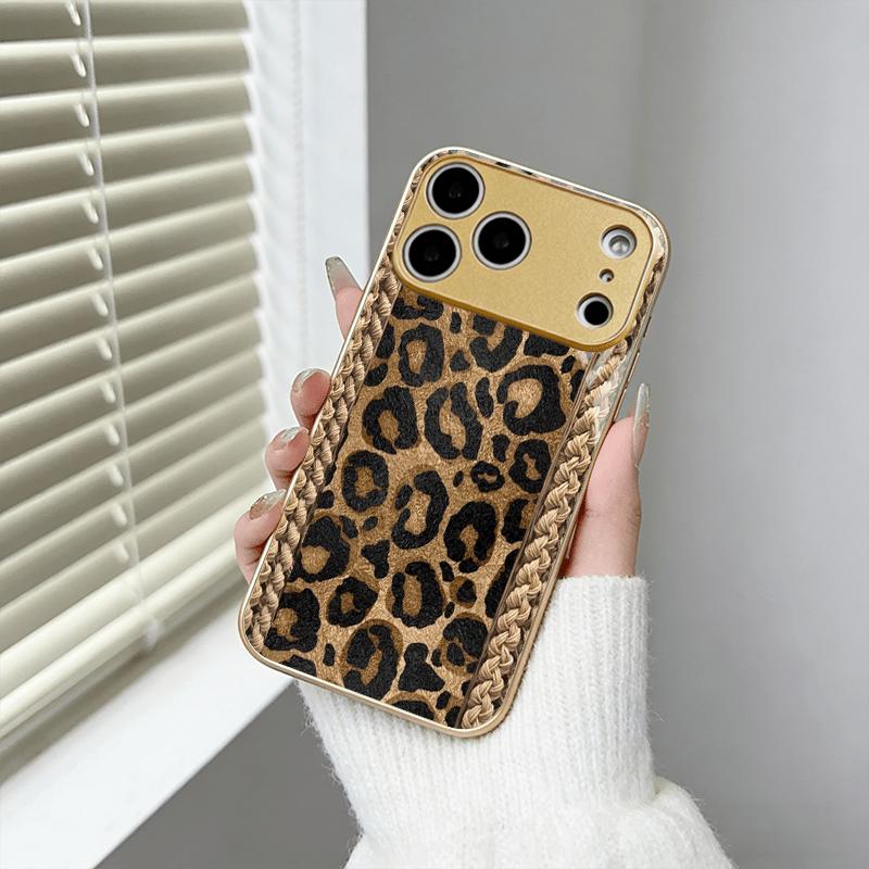 Fashion Vintage Leopard Print Woven Border Printed Pattern Metallic Paint Glass Phone Case for iPhone 17 16 15 14 13 etc