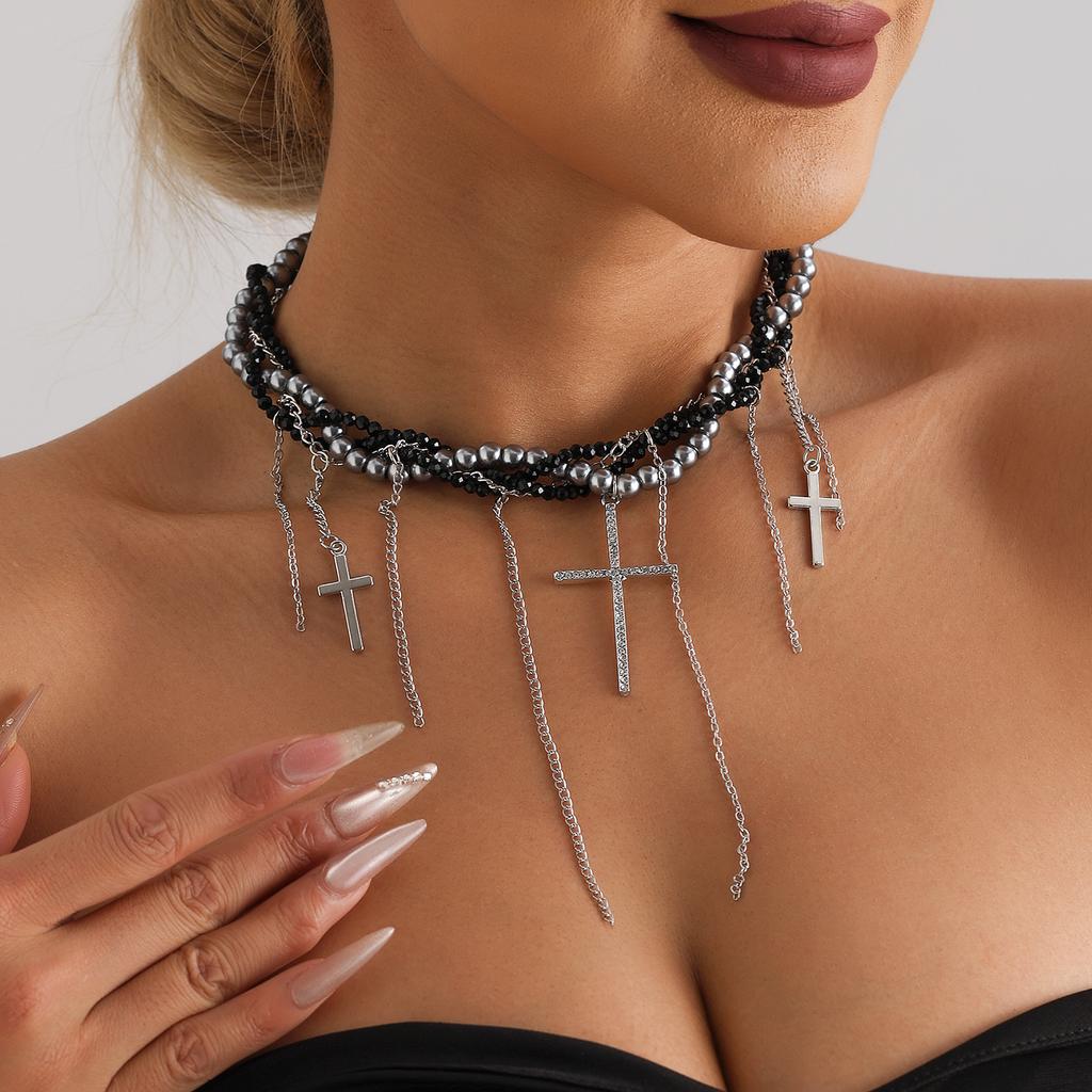 Bijuterii Delicat Cruce Ciucure Pandantiv Margele de Orez de Sticlă Lanț Claviculă Colier Trend Multi-Strat