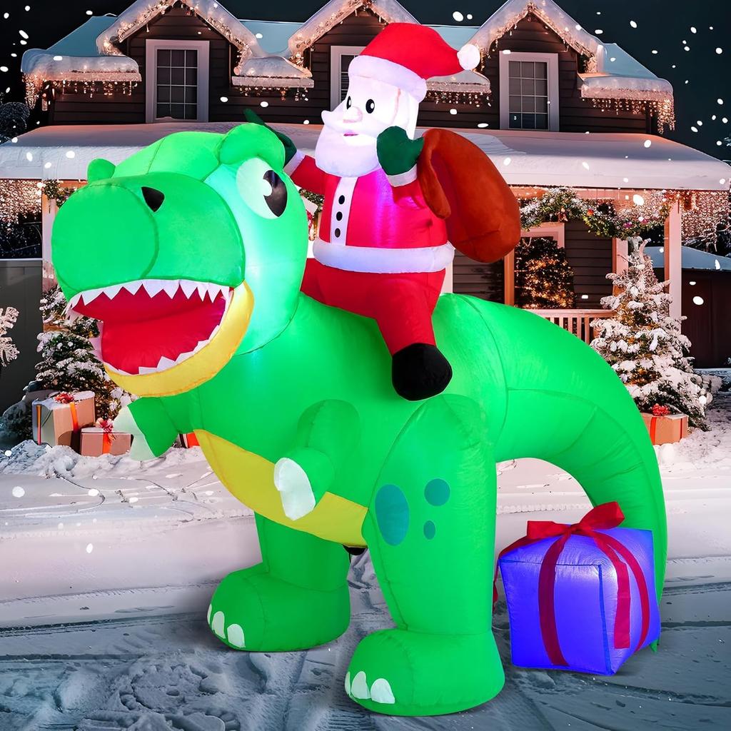 JOYFY 6 FT Christmas Inflatable Dinosaur with Build-in LEDs Dinosaur with Santa for Christmas Inflatable Outdoor Decoration