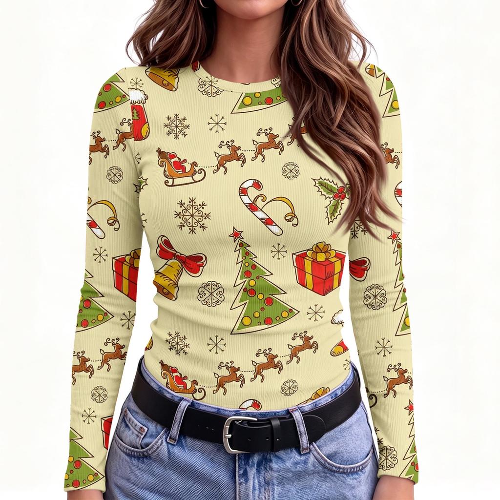 Women's Slim Fit Christmas Print Long Sleeve Round Neck T-Shirt for Holiday Party and Casual Wear