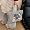 2025 New Trendy Cartoon Cat Print Denim Bucket Bag Versatile Casual Commuter Large Capacity Crossbody Shoulder Bag for Women