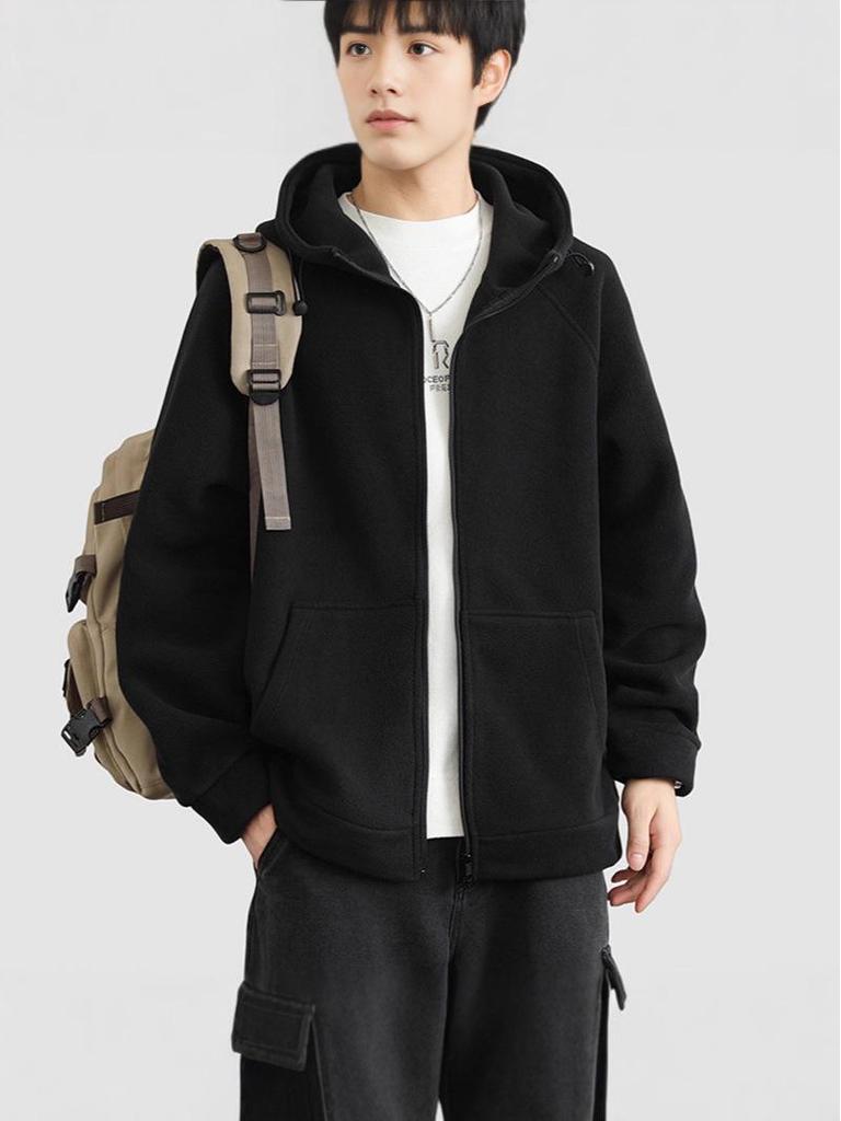 Męska jesienno-zimowa kurtka z kapturem z dwustronnego polaru