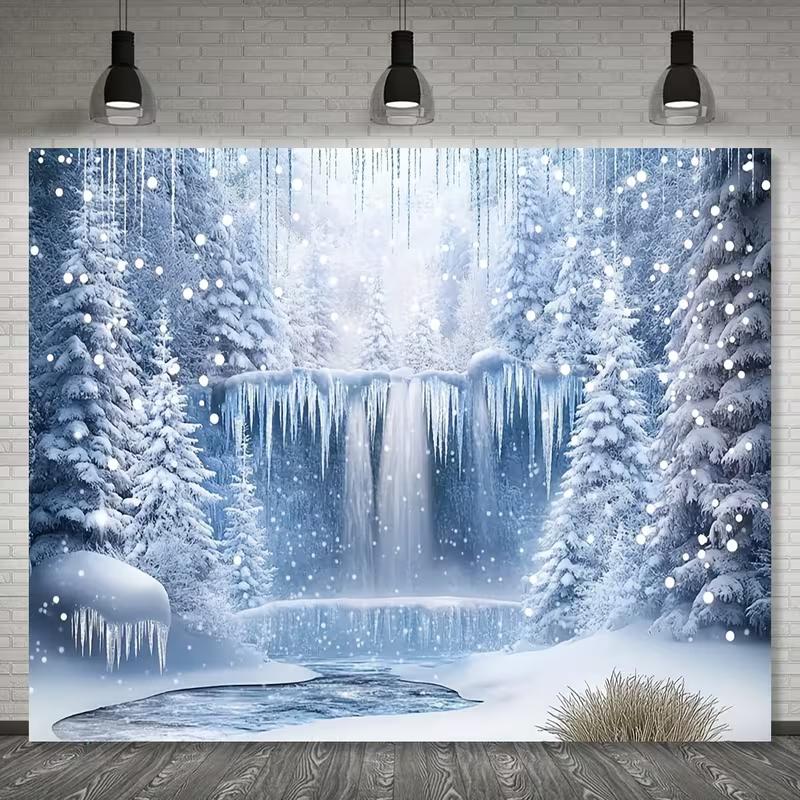 Icy Wonderland 2D Backdrop, Frozen Waterfall & Snowy Forest Photo Background 47.2x31.5inch/120*80cm