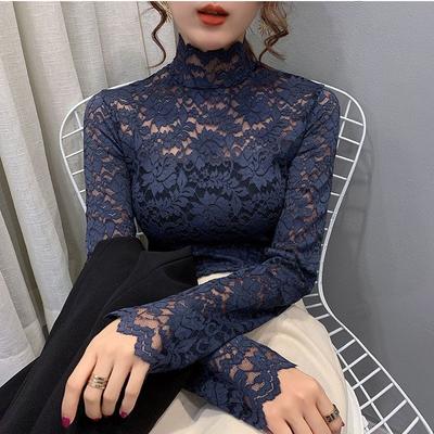 Spring Autumn Pullover Blouse Long Sleeves Elastic Lightweight Floral Crochet Lace Women Tunic Top