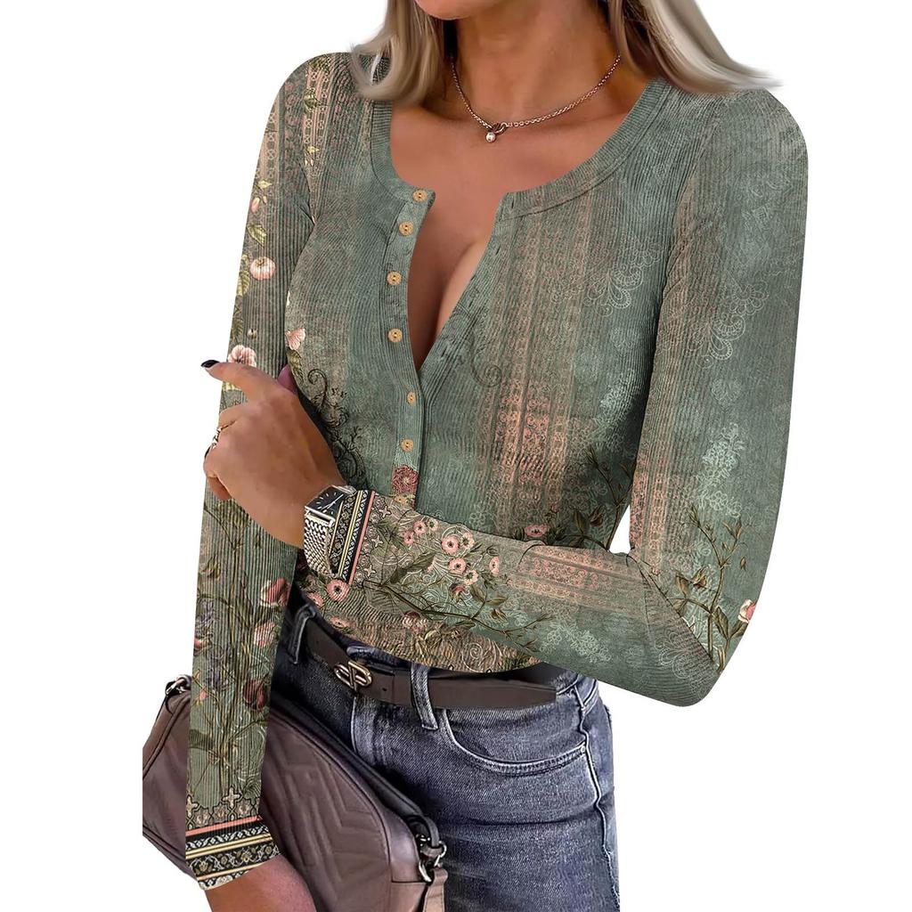 Women's Slim Bottom T-shirt Fashion Casual Gradient Printing Round Neck Pullover Long Sleeve Top
