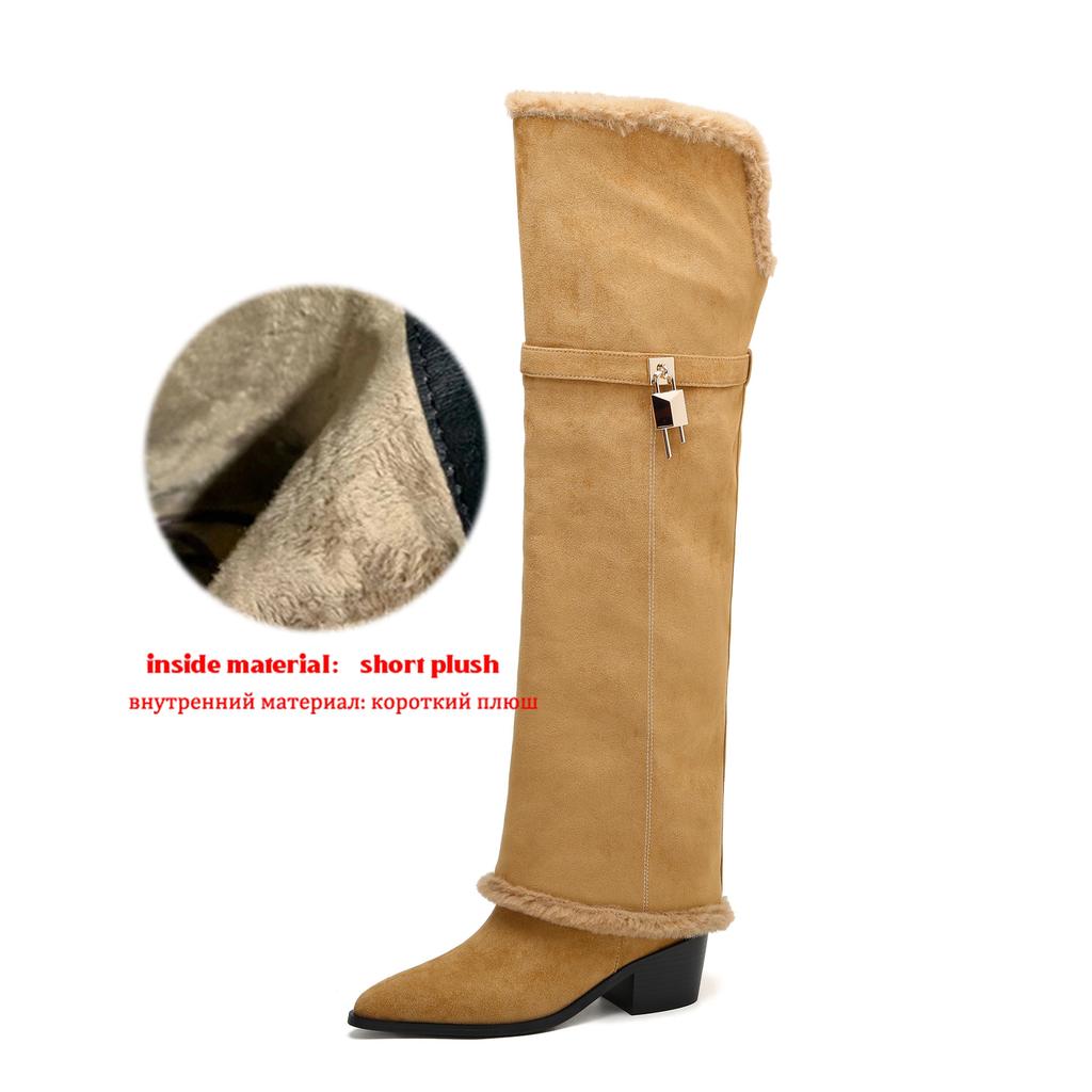 Krazing Pot Flock Pointed Toe Thick High Heels Thigh High Boots Size 46 Size 45 Slip On Plus Size Women Keep Warm Over-the-knee Boots
