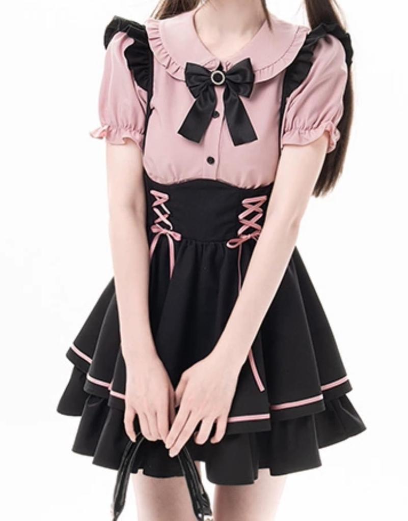 Shirt Blouse with Detachable Heart and A Top for and Short Sleeve Top and Bottom [XHSUKADO] Women's Short-Length Ribbon, Ruffles, Lace, Buttons,
