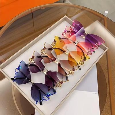 Luxus Diamant Schmetterling Sonnenbrille Frauen Marke Y2k Vintage Randlose Übergroße Sonnenbrille Damen Brillen