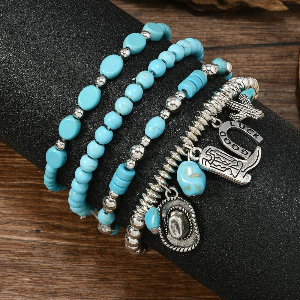 Türkis Schmuck, Damen Armbänder, Böhmische Türkis Retro Perlenarmbänder, Gestapeltes Set Armbänder.