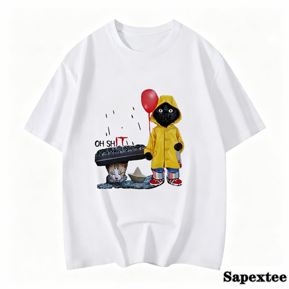 Funny Black Cat Print Tshirt For Unisex Casual White Top Harajuku Tees Female 90s Clothes