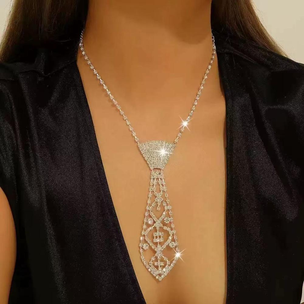 Silver Punk Neck Tie Adjustable Length Knot Free Necktie Crystal Necktie  Stage Costume Design