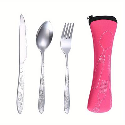3pcs/set Stainless Steel Western Style Steak Knife, Fork, Spoon, Cloth Bag Portable Western Tableware Three Piece Creative Gift Set