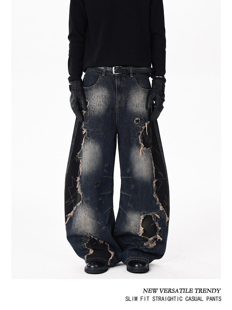 Pantaloni Larghi Unisex Patchwork High Street Orlo Grezzo Gamba Curva