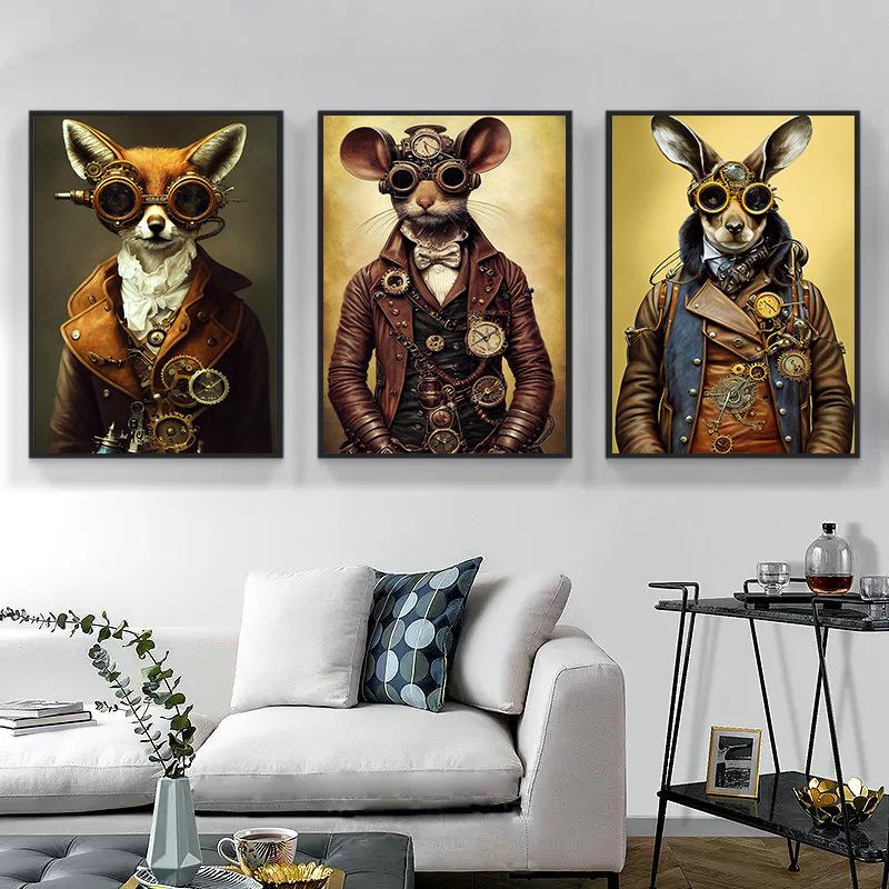 Retro Funny Animal Steampunk Cat Astronaut Rabbit Canvas Painting Posters Prints Wall Art Pictures for Living Room Home Decor