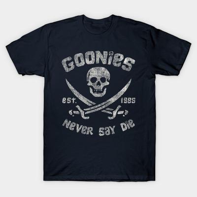 Pánské černé tričko s potiskem The Goonies Never Say Die Opotřebovaný Potisk na přenosovém papíře bez ořezu Bavlněné tričko