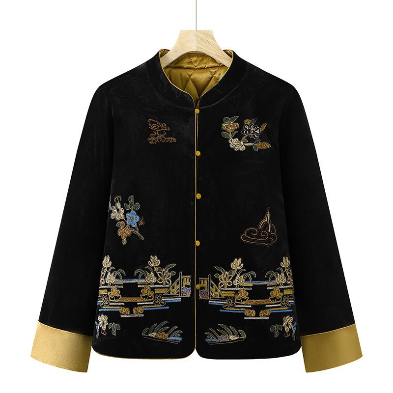 2025 Autumn/Winter Chinese Style Heavy Embroidery Color Block Retro Silk Velvet Padded Jacket
