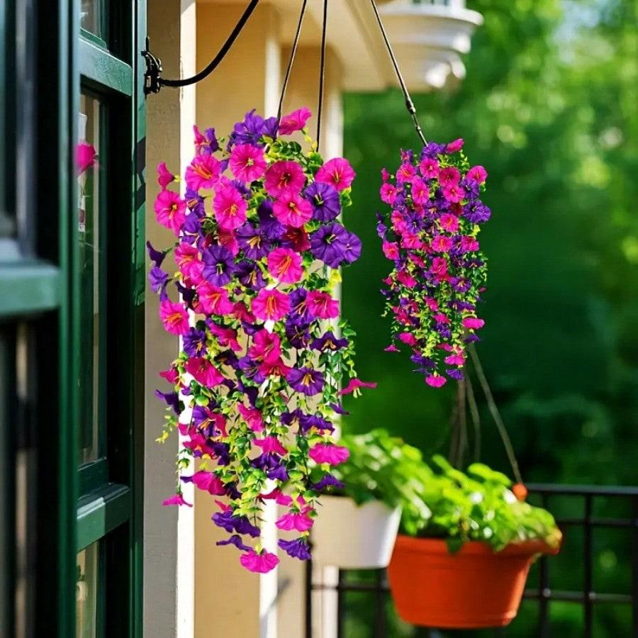 1/2pcs UV-Resistant Artificial Morning Glory & Eucalyptus Hanging Decor - Perfect For Home,Garden,Weddings Outdoor Decoration