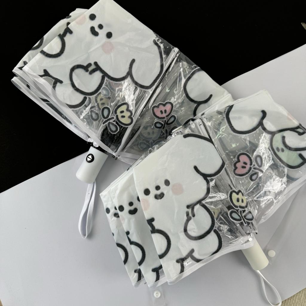 1 Valp och Små Blommor Mönster PVC Genomskinligt Paraply, Automatiskt och Manuellt Valfritt, Bärbart Paraply, Lämpligt för Resor